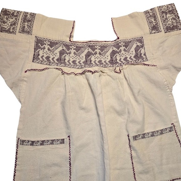 Vtg Mexican Huipil Dress Hand Embroidered Horse on Rider Oaxacan Tunic Pockets - Picture 3 of 13